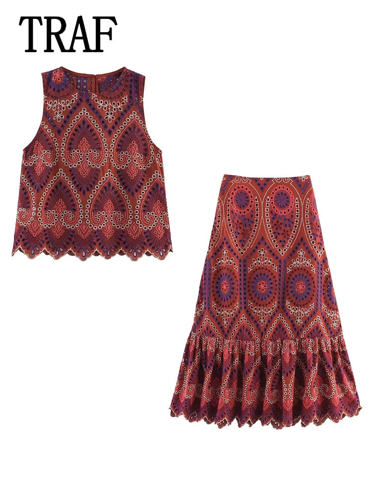 TRAF Women Embroidery Hollow Out Suit 2025 Summer Casual Chic ONeck Fashion Sleeveless Top Long Skirt 250717