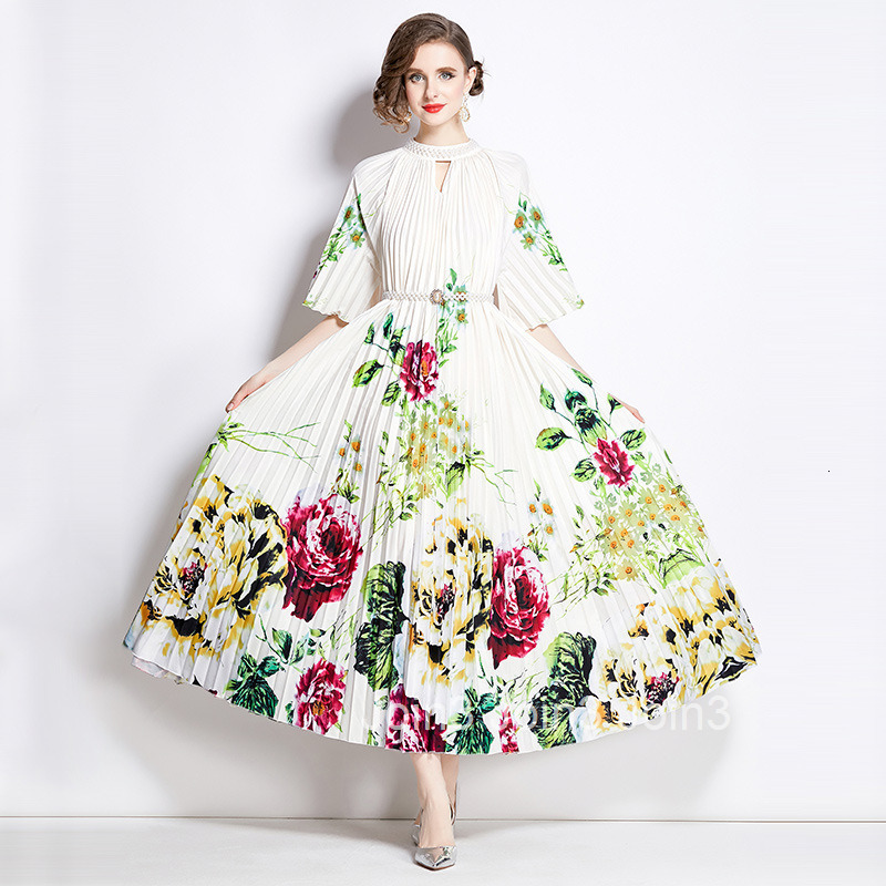 8720 summer new womens clothing style fashionable nail bead print pleated long skirt dress