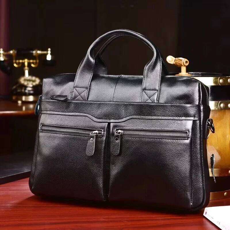 100% Genuine Leather Men's Briefcase Handbag High Quality Cowhide 15-Inch Computer Business Commuting Shoulder Crossbody Bag