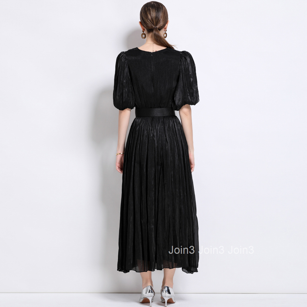 1600 Puff Sleeve Pleated Slim Fit Mid-Length Dress Korean Style Long Dress