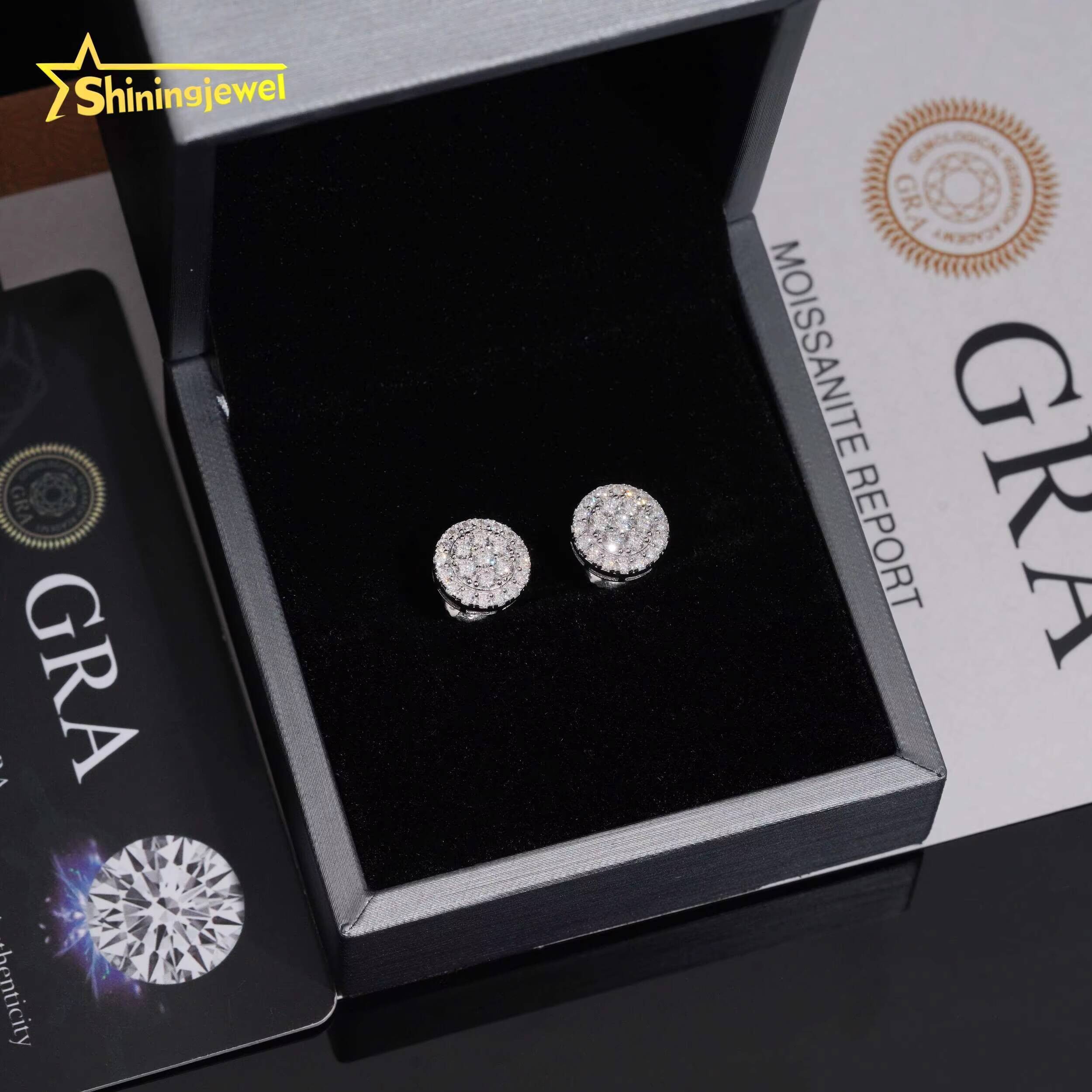 925 Sterling Silver Screw Back Cluster Hip-Hop Stud Earrings Paved With Round Cut Moissanite Trendy Design Engagement Wedding