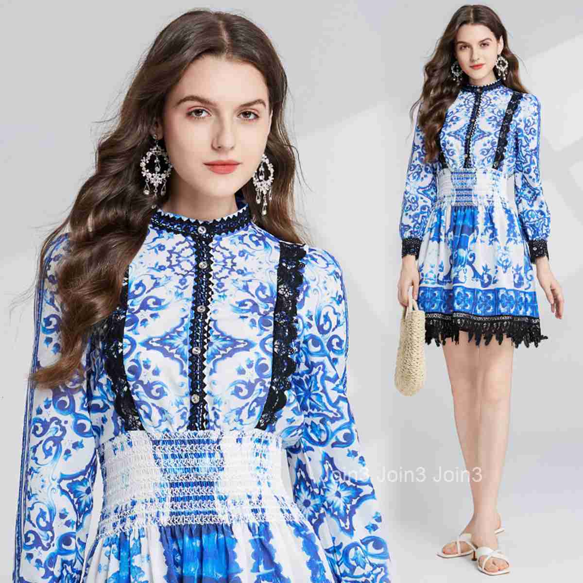 721 Autumn New Womens Clothing Blue and White Porcelain Printed Embroidered Hollow Lace High Waist Long Sleeve Slimming Dress