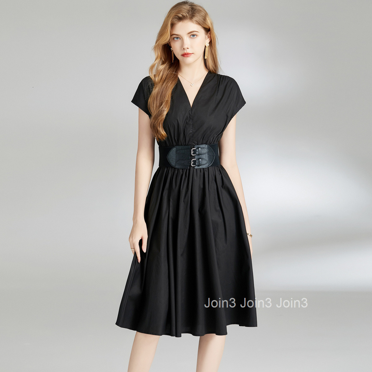6834 summer new womens fashionable dress with V-neck waist and slim fit mid length skirt (with belt)