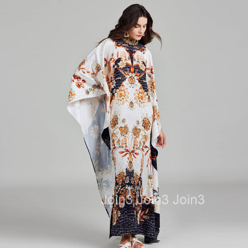 671 Autumn New Womens Vacation Style Printed Round Neck Split Long Skirt with Nail Drill Loose Dress