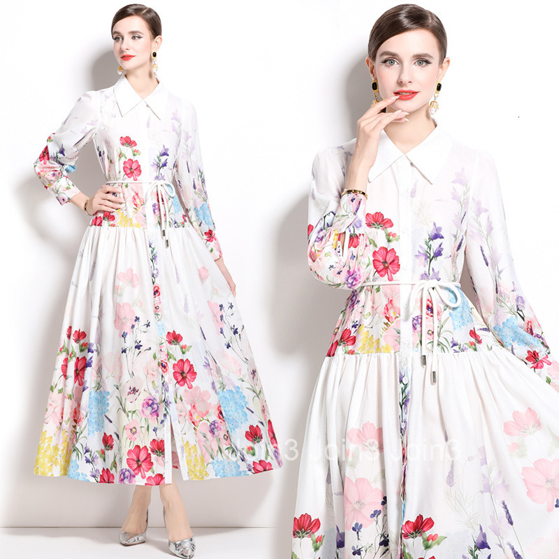 8550 Spring and Autumn new womens fashion temperament waist cinching slim fit dress long sleeved large swing long skirt