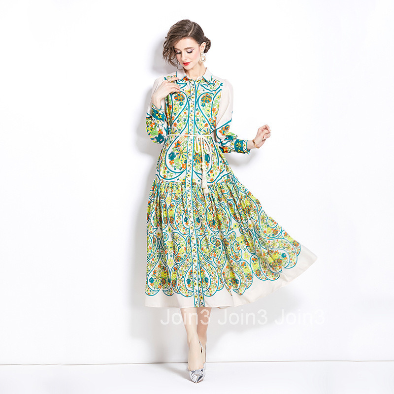1210 Spring and Autumn New Cotton Linen Turn-Down Collar Lantern Sleeve Printed Long Dress