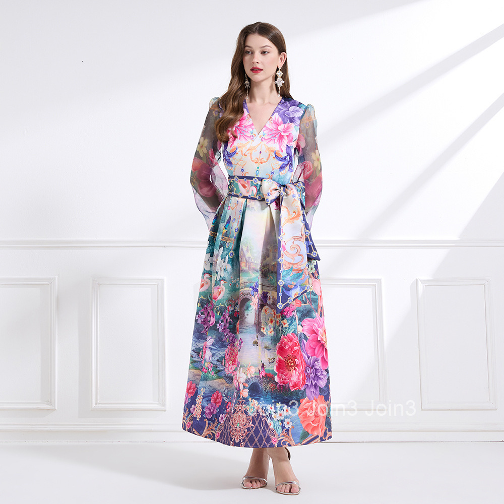 2180 Spring New Womens Vacation Style Tie Wrap Dress Lantern Sleeve Printed Flared Long Dress