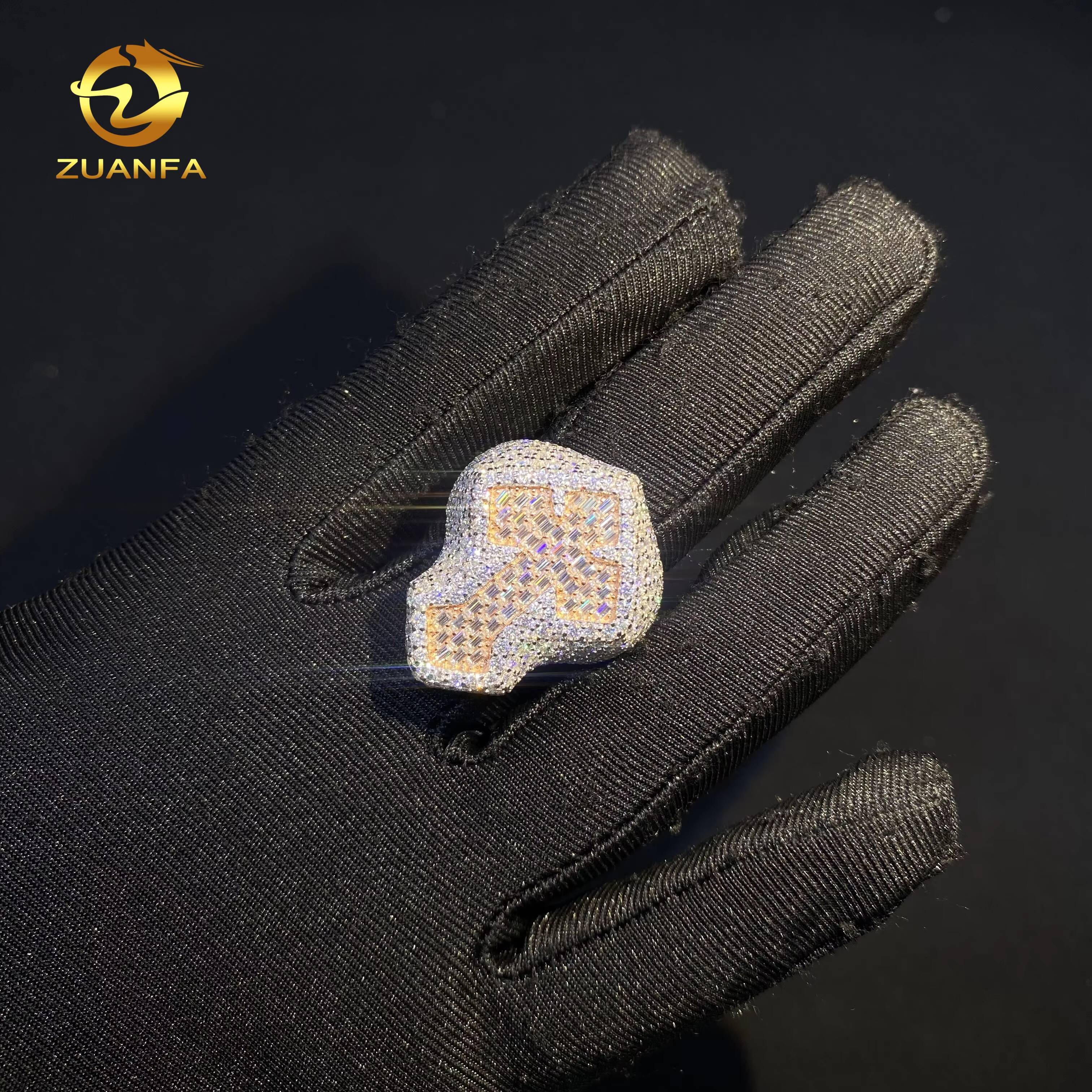 Hot Sale 2 Tone Hop Jewelry Fully Iced Out Baguette Diamond Men Ring VVS D Moissanite 925 Sliver Cross Rings GRA Certificate