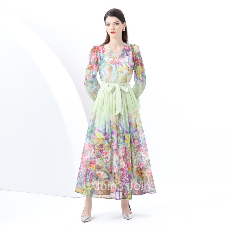6079 Early Spring New Womens Fashion Elegant V-neck Lantern Sleeve Long Dress Printed Dress Three-piece Set