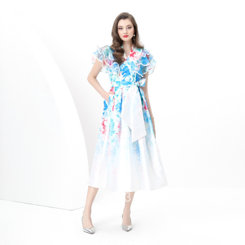 8870 Early Spring New Womens Vacation Wrap Tie V-neck Flutter Sleeve Long Dress Printed Dress