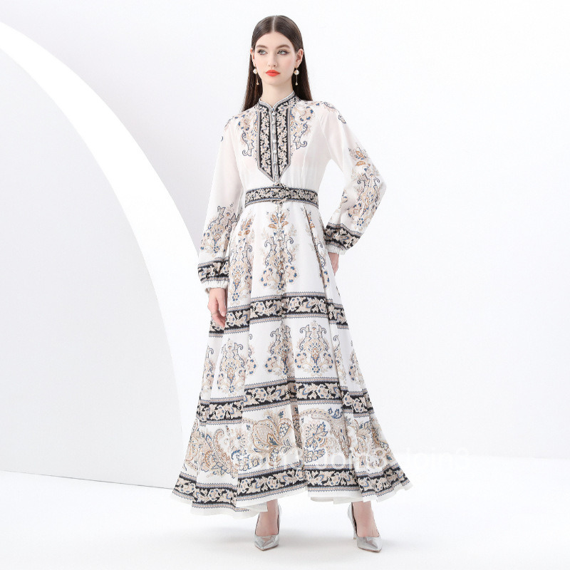 6169 Spring and Autumn New Womens Clothing Style Vacation Elegance Style Standing Collar Printed Large Swing Long Dress