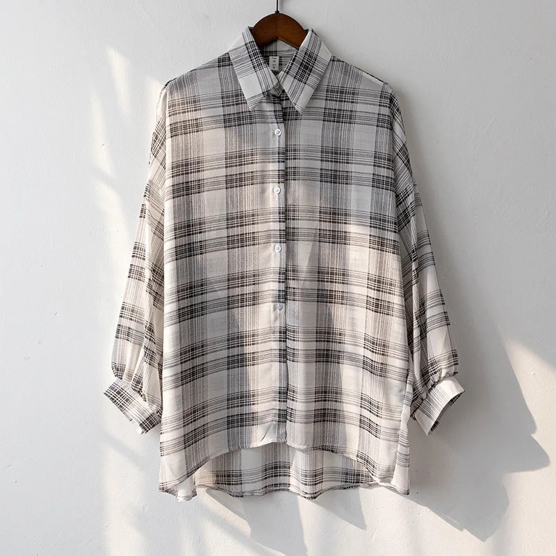 Sheer Chiffon Plaid Shirt for Women Ovesized Collared Buttondown Blouse Summer Laides Slouchy Casual Outfit 250717