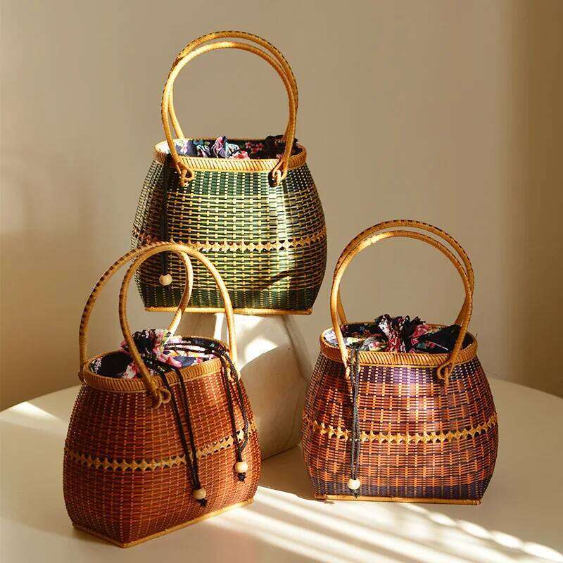 Pure Handmade Basket Exotic Style Storage Picnic Travel Hand Woven Bamboo Handbag