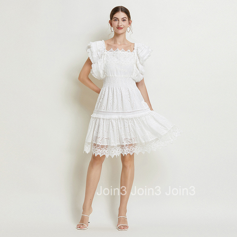 7701 Summer New Womens Fashion Elegant Solid Color Flutter Sleeve Square Neck Fashion Lace Trim Dress