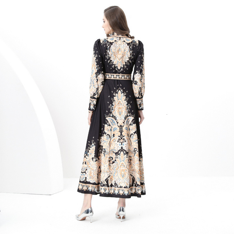 8855 Early Spring Elegance Style Turn-Down Collar Long Sleeve Waist-Cinching Wide Hem Printed Long Dress