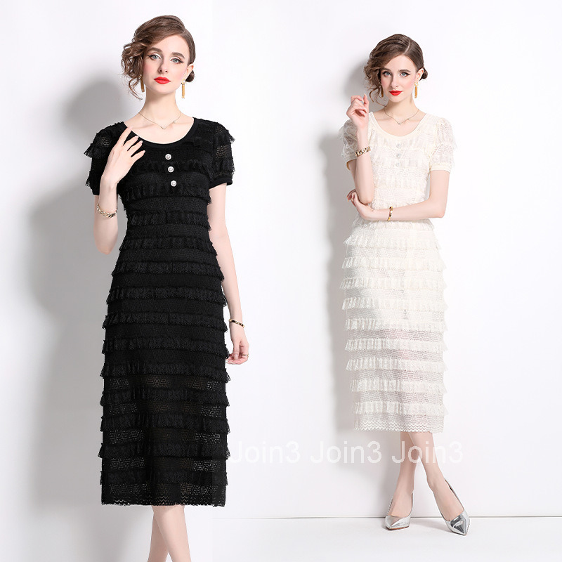 8021 Summer New Womens Round Neck Buttoned Elegant Layered Cake Dress Fashionable Dress