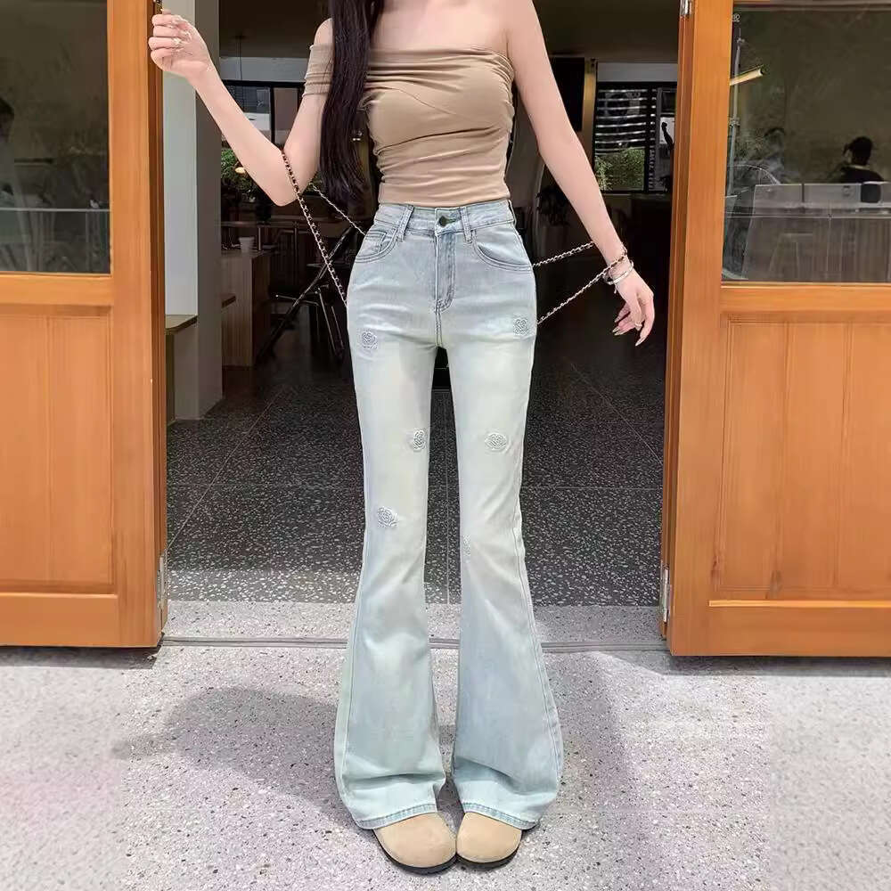 Light Color Printed Rose Flared Jeans for Women High Waist 2024 Autumn New Elastic Slim Fit Slimming Floor-Length Bell-Bottom Pants