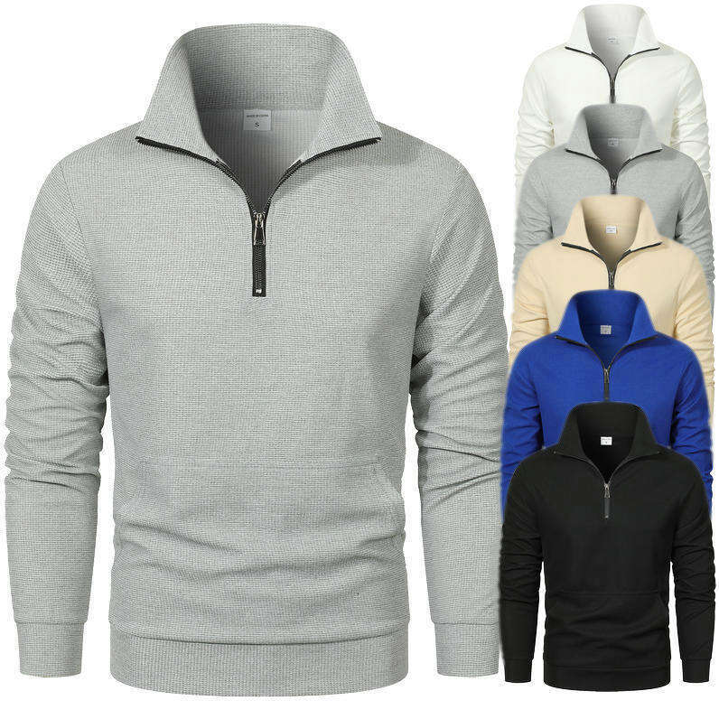 European Size Spring Autumn Men's Waffle Sweatshirt Trendy Stand Collar Zipper Long Sleeve Business Sports Texture Polo Shirt