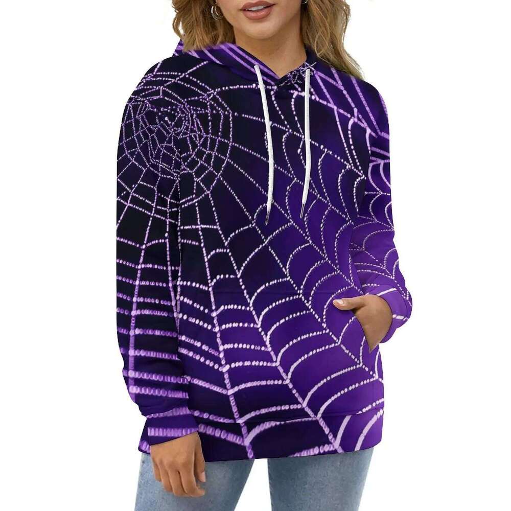 Halloween Loose Hoodies Purple Spider Web Aesthetic Hoodie Male Long Sleeve Oversized Streetwear Design Clothing