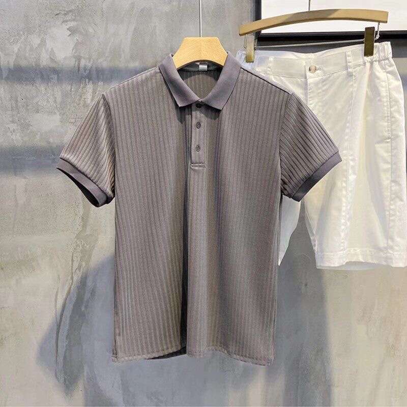 Business Ribbed Striped Mercerized Polo Shirt Short Sleeve Trendy Summer Top Turn-down Collar Men's T