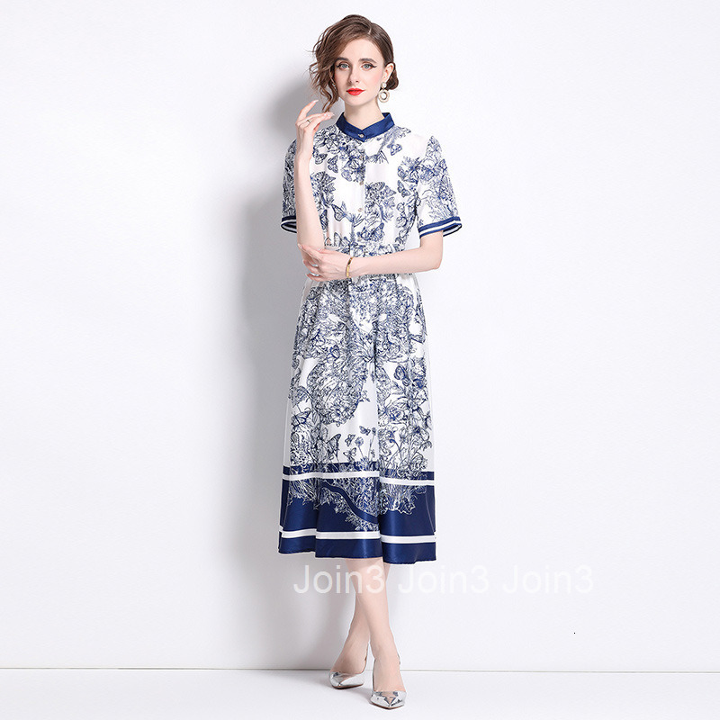 6061 Summer New Womens Fashion Pastoral Style Small Stand Collar Waist-Cinching Flared Printed Dress