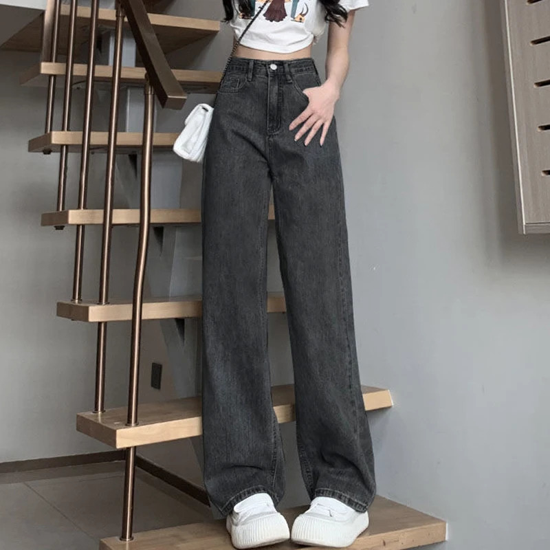 Woman Vintage Wide Leg Jeans s High Waist Pants Female Fashion Black Grey Retro Blue Light Blue Pink Denim Trousers 250711