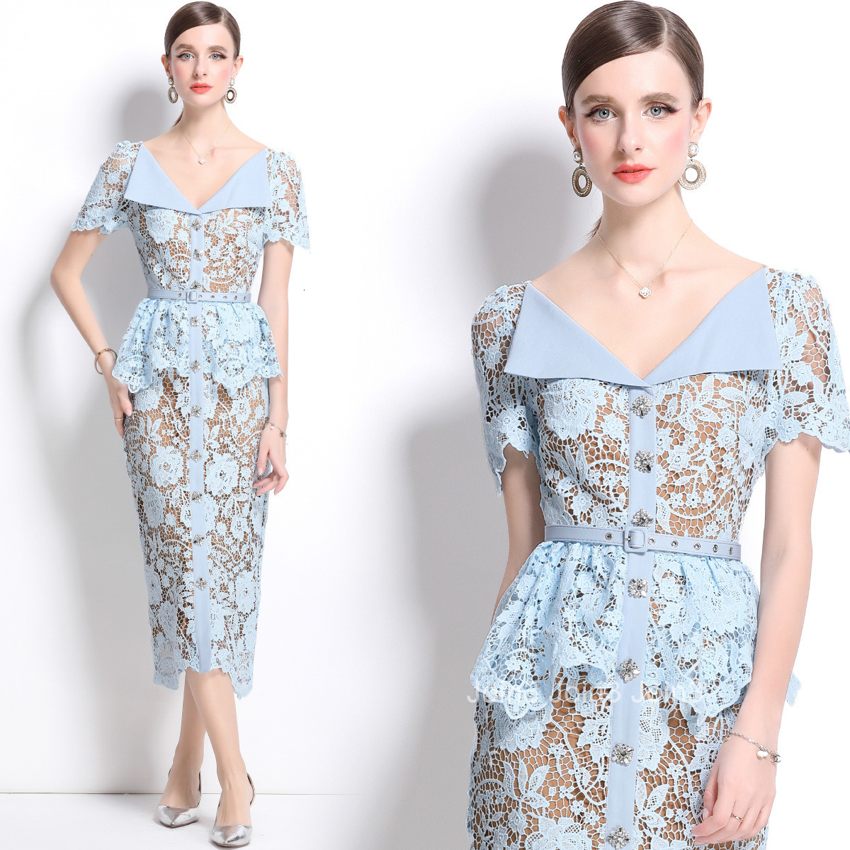 5849 Elegant Large Lapel Short Sleeve Lace Waist Slim Dress with Belt