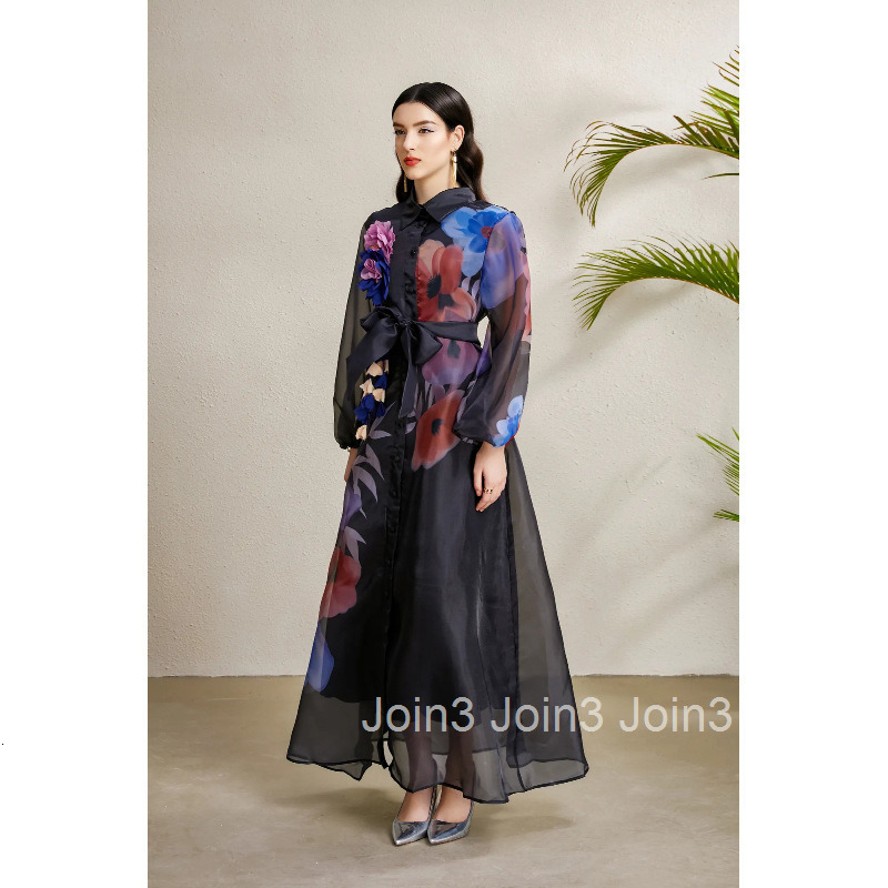 8885 Early Autumn Three-Dimensional Floral Vacation Lapel Lantern Sleeve Long Printed Dress