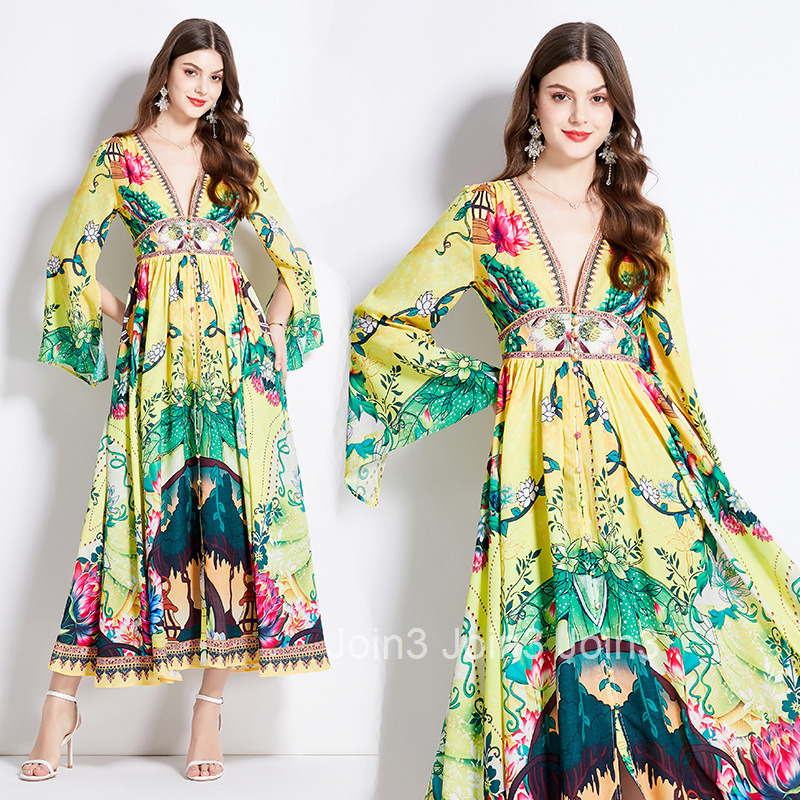 2537 Spring and Autumn New Womens Vacation Style Printed Elegant V-neck Long Sleeve Waist-cinching Flared Dress