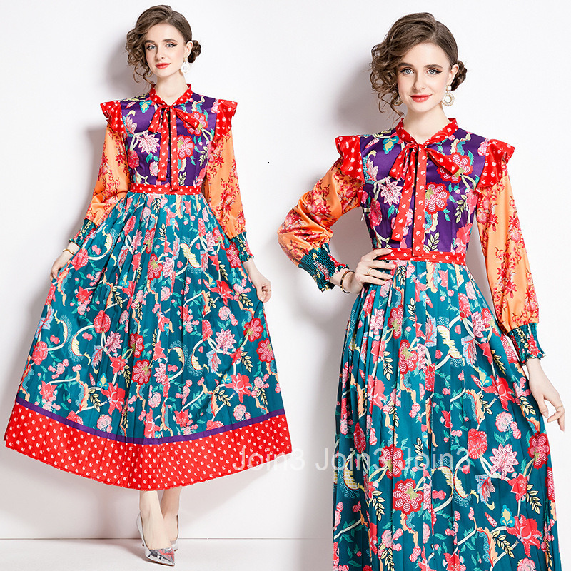 2480 Spring and Autumn New Womens Ethnic Style Elegant Printed Tie Long Sleeve Flared Long Dress
