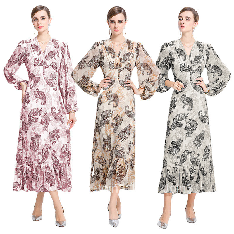 8817 New Style Floral Print Collar Long Sleeve Waist-Cinching Slimming Ruffle Long Dress