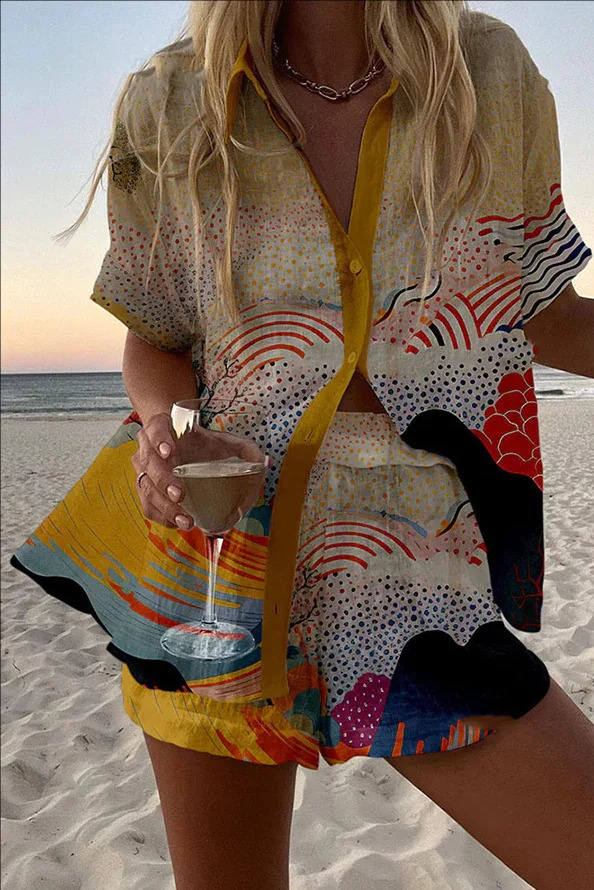 Summer Print Beach Holiday Set For Women Fashion Short Sleeve Buttoned Shirt Wide Legs Shorts Oversized Two Piece Set 250714