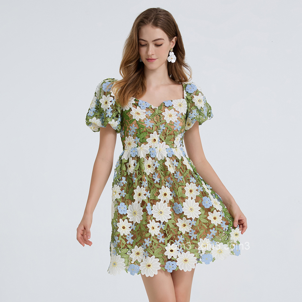 811 Fashion Heavy Craft Water-Soluble Lace Embroidery Puff Sleeve Dress Sexy Off-Shoulder Flared Dress