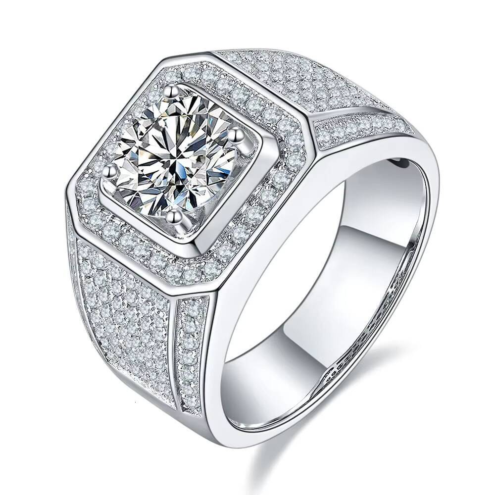 S925 Sterling Silver Mens Wedding Ring with 2 Karat Moissanite Micro-Inlaid Hip Hop Style for Handsome Groom