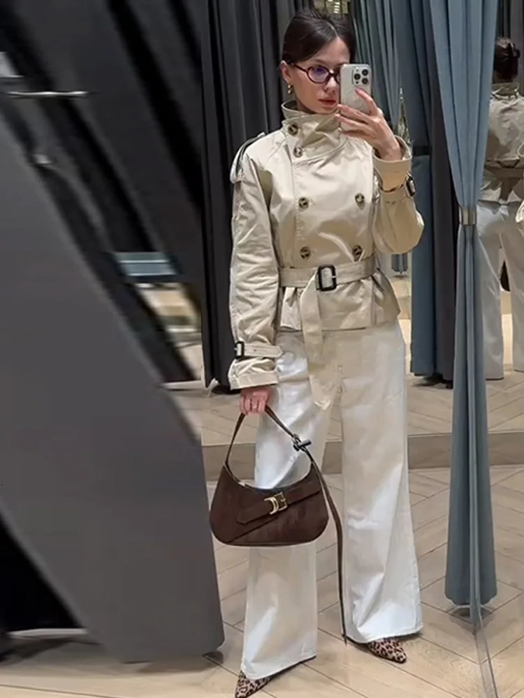 Spring Womens Short Jacket Trench Coat Belt Double Breasted Stand Collar Long Sleeve Outerwear 2025 High Street Windbreaker 250716