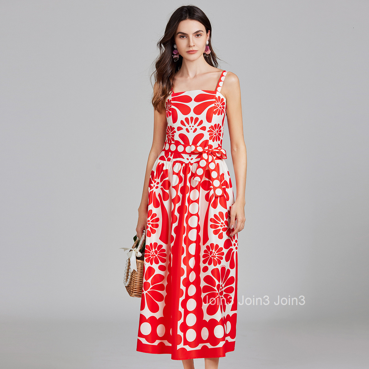 718 Summer New Womens Clothing Style Fashionable High Waist Dot Printed Strap Long Dress