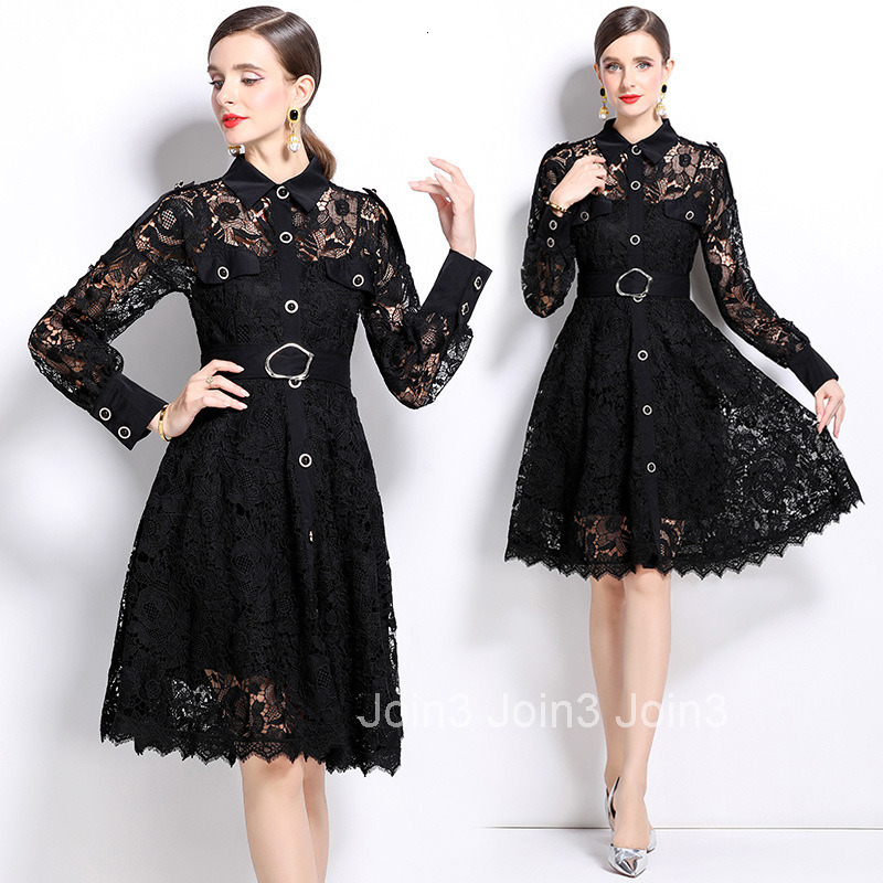 6954 autumn new womens collar hollow hook flower dress with waist cinching temperament long sleeved dress