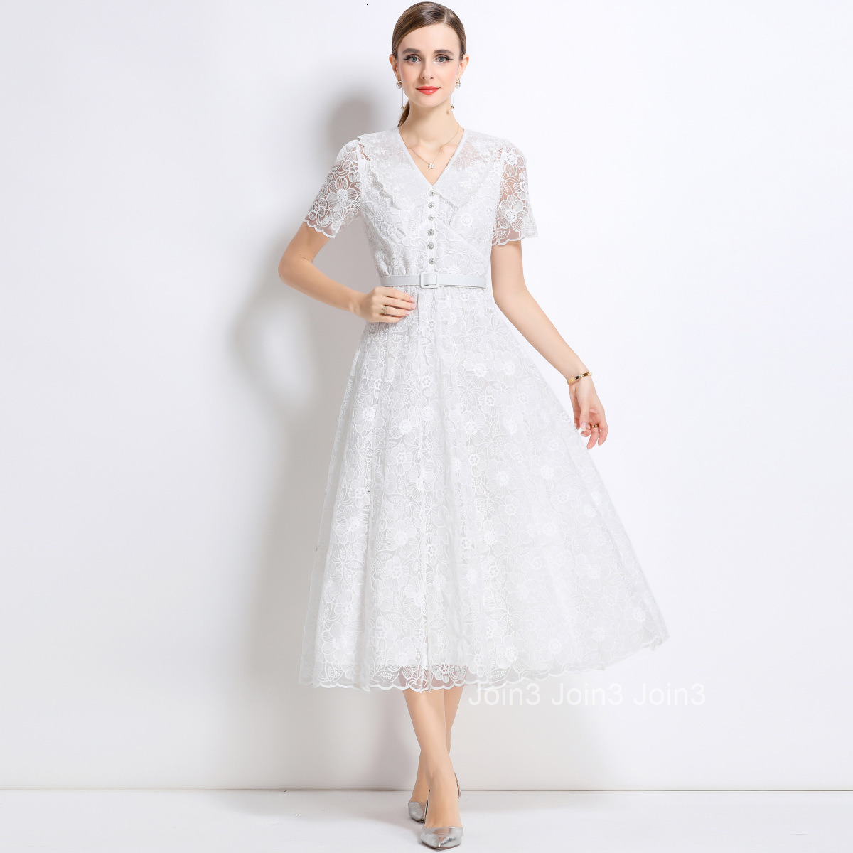 1501 Summer New Elegant Water-Soluble Lace Dress Short Sleeve Doll Collar Tie Waist Long Dress