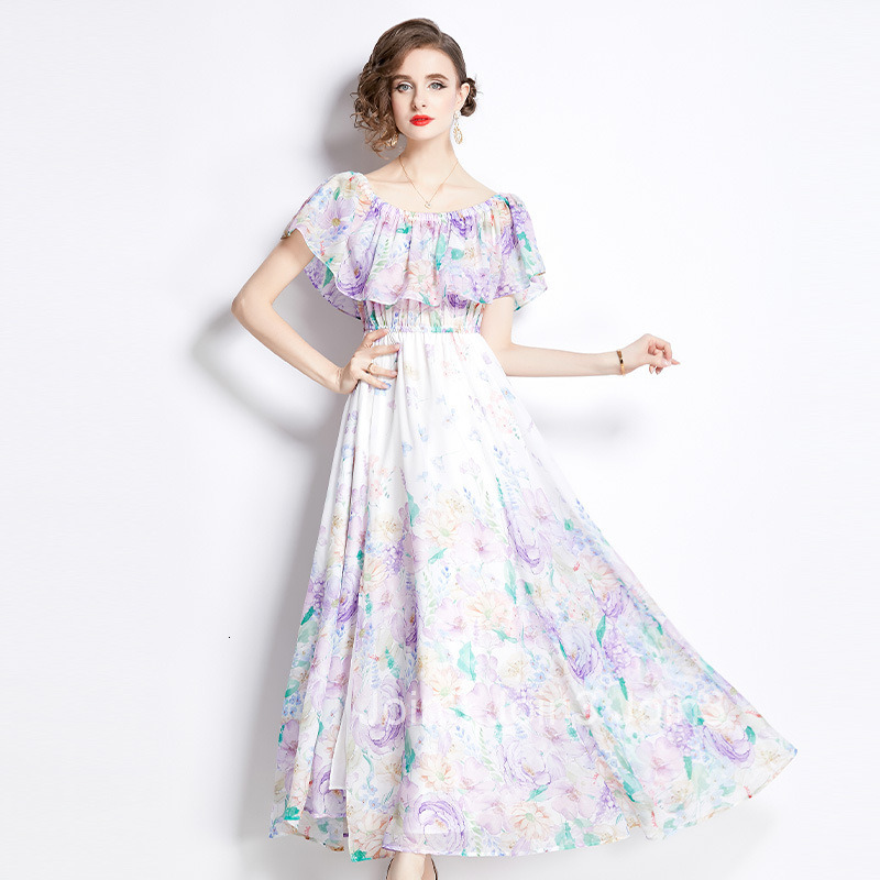 2499 Spring Summer Womens Ruffled Off-Shoulder Waist-Cinching Flared Long Dress Beach Dress Slit Chiffon Dress