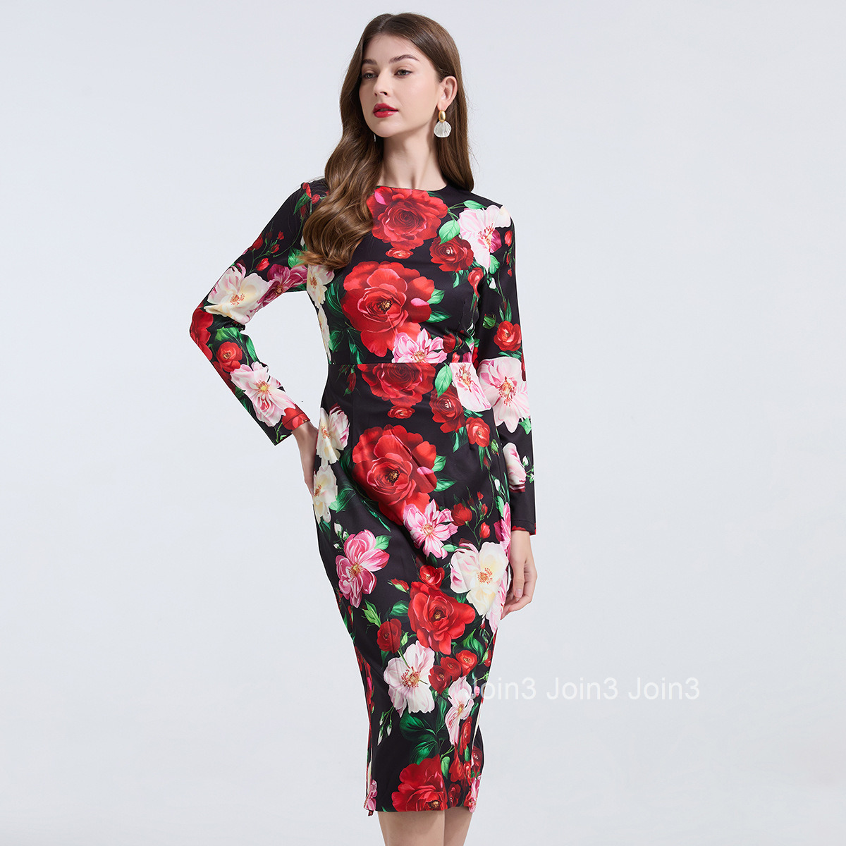 789 Elegant Rose Large Flower Slim Fit Bodycon Dress High Waist Round Neck Long Sleeve Dress