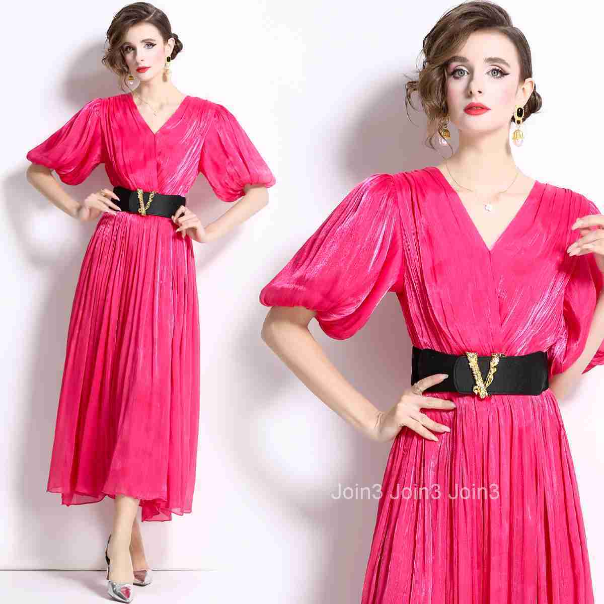 1662 Summer New Womens Fashion Elegant Puff Sleeve Pleated Slim Fit Flared Long Dress