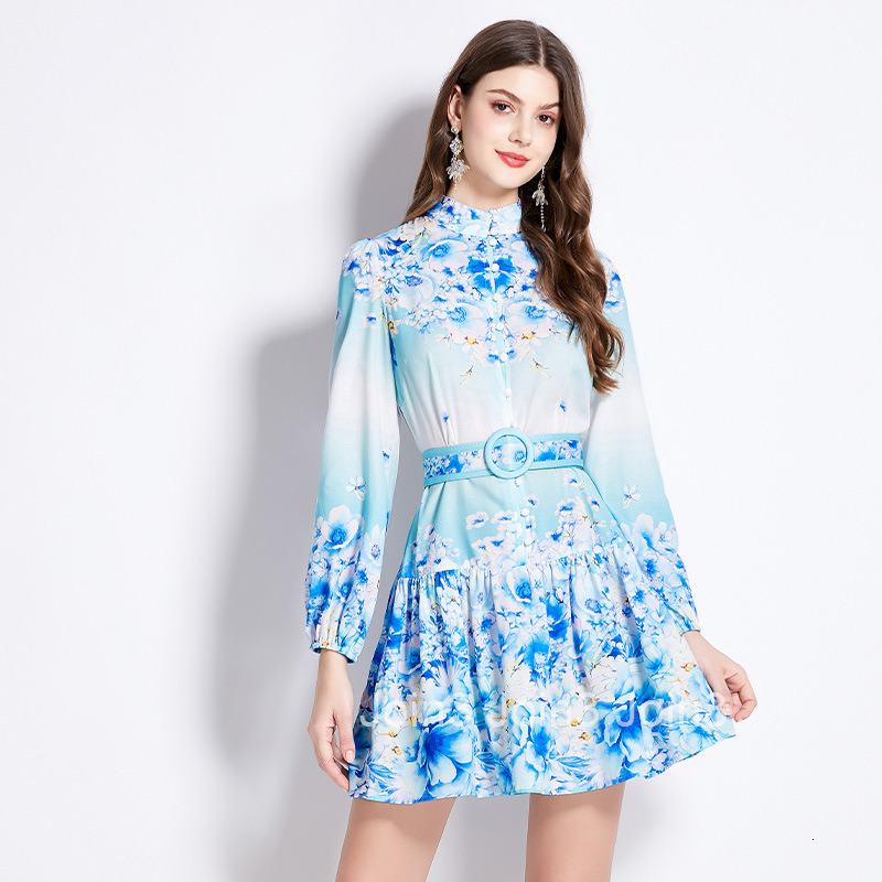 2762 Spring Summer New Womens Clothing Holiday Style Floral Oil Painting Style Stand Collar Long Sleeve Short Dress