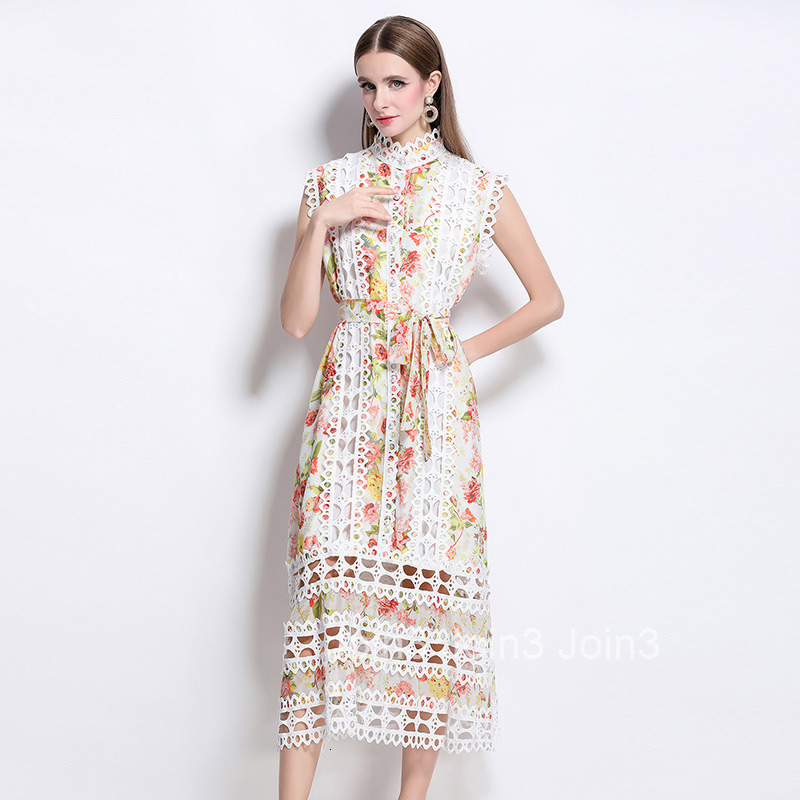 5151 French Style Elegant Elegance Hollow Lace Dress Summer Stand Collar Slimming Dress for Women