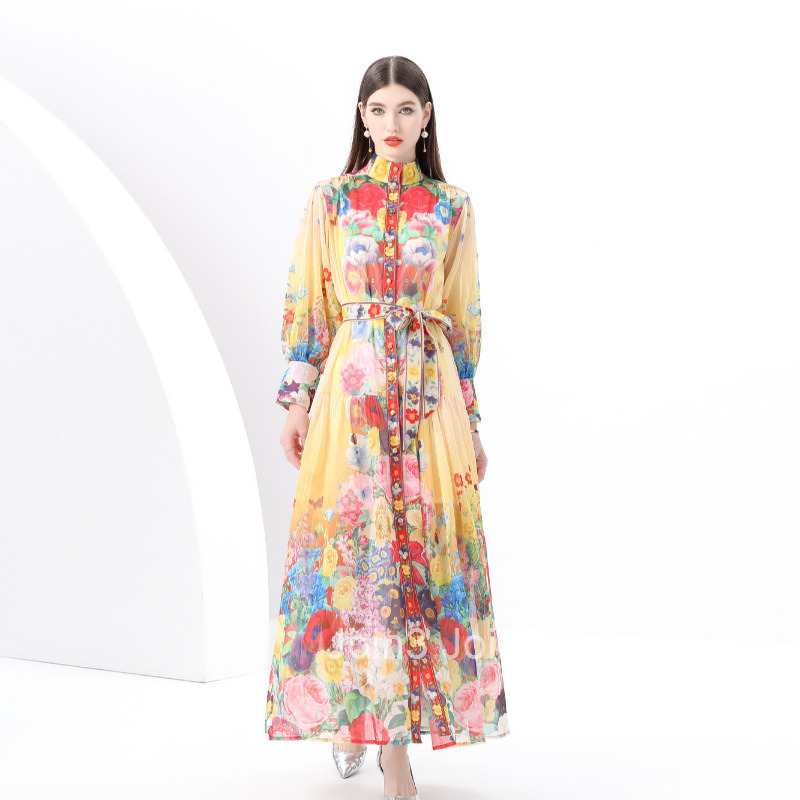 6160 Early Spring New Womens Stand up Collar Lantern Sleeve Large Swing Long Dress Printed Dress Two Piece Set