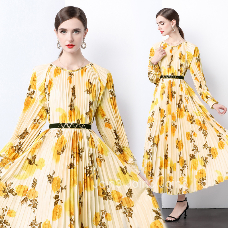 9853 autumn new womens clothing temperament printed pleated long sleeved long skirt with large swing pleated dress