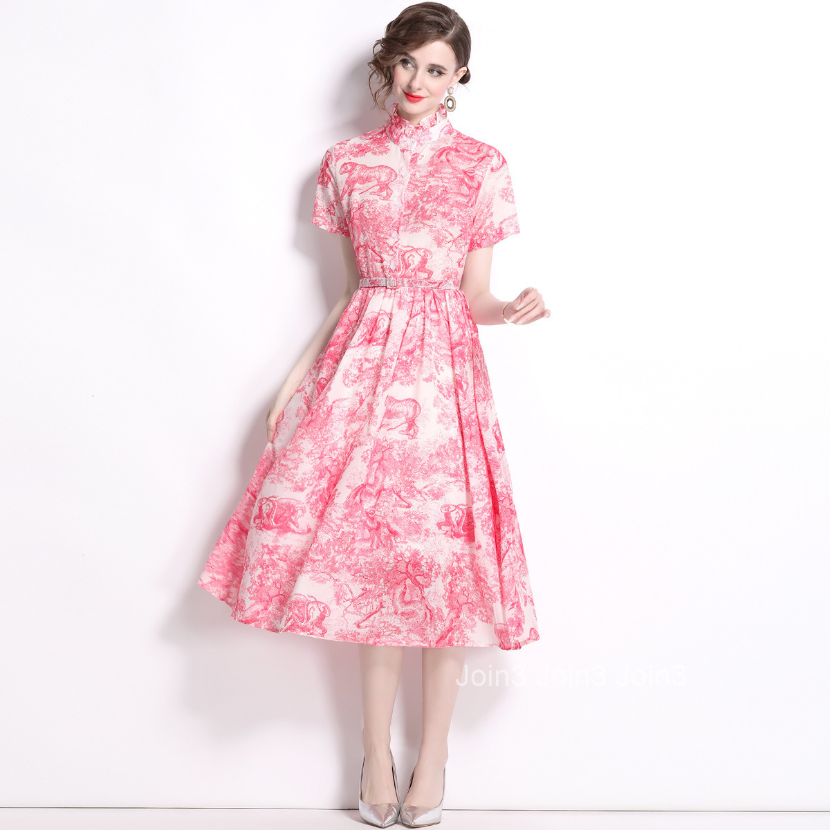 5829 Summer New Womens Blue and White Ink Wash Print Short Sleeve Slim Fit Mid-Length Dress with Lining