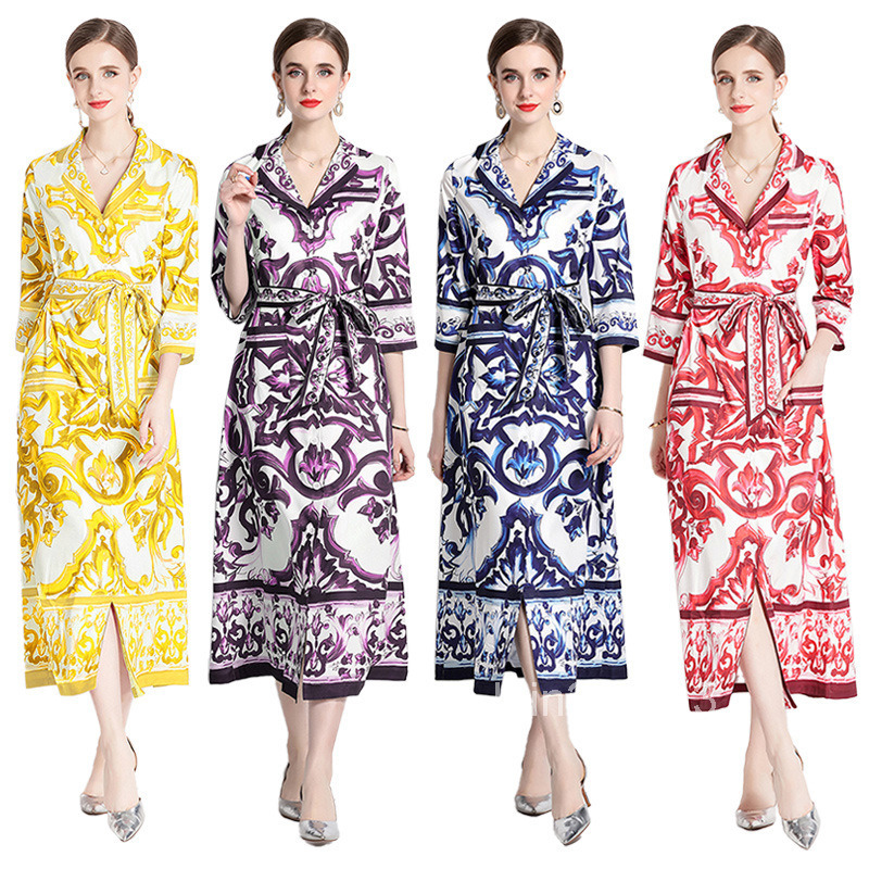 8701 Fashion Blue and White Porcelain Print Loose Pocket Mid-Sleeve Suit Collar Shirt Long Dress