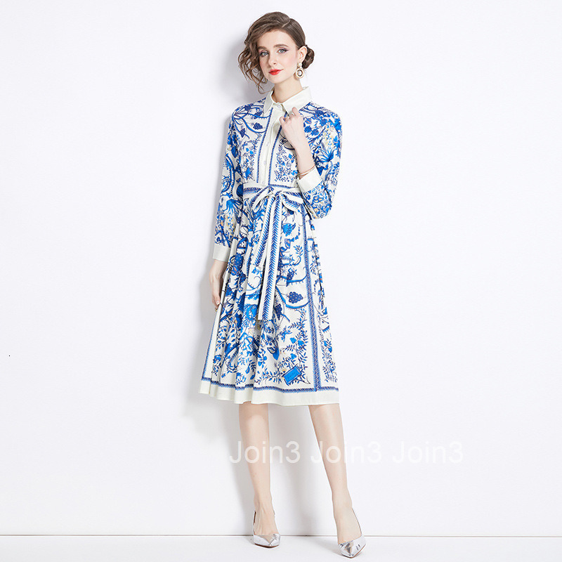 3937 Summer New Womens Fashion Printed Waist Slimming Long Sleeve Dress (With Belt)
