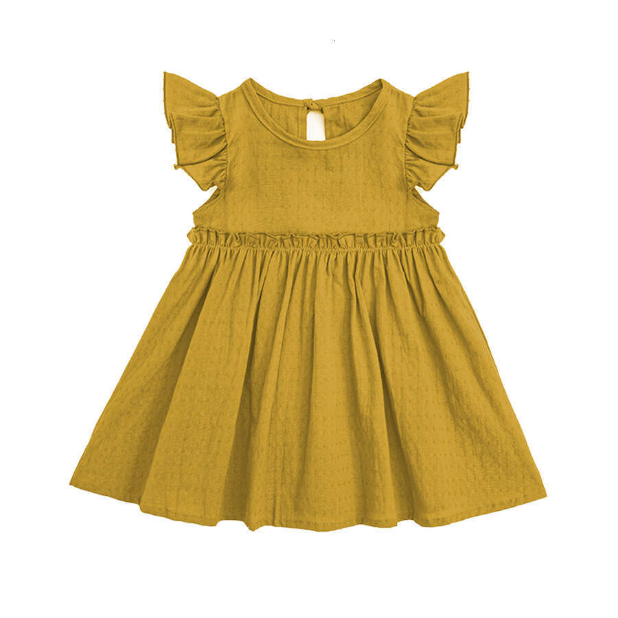 New INS Style Solid Color Cotton Linen Girls' with Flutter Sleeves and Tie Princess Dress Children's Clothing