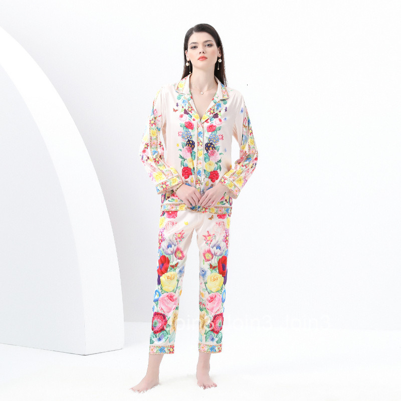 8822 Early Spring New Womens Casual Trimmed Pajama Set with Suit Collar Long Sleeve Long Pants Printed Two-Piece Set